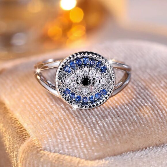 NEW 14k White Gold Blue Sapphire Evil Eye Diamond Ring - Picture 7 of 9